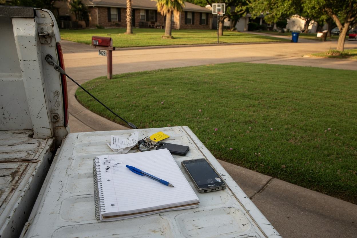 A notebook on a work-truck tailgate in a Grapevine neighborhood