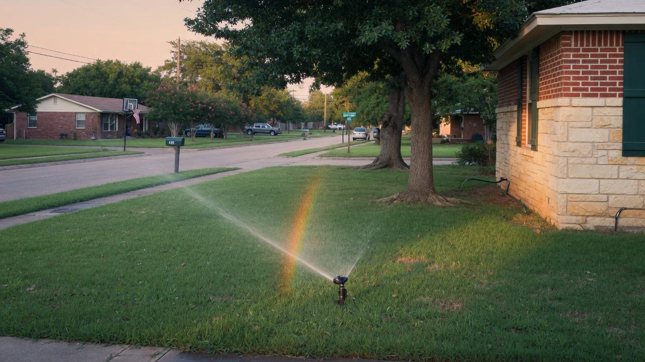 A pop-up sprinkler running on a Grapevine lawn beside a limestone house