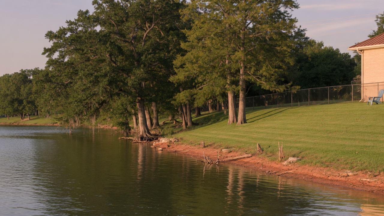 Grapevine Lake shoreline above a residential lawn
